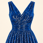 Garment-only front detail of the royal blue MX340 gown showing its crossover V-neck and diagonal bodice folds.