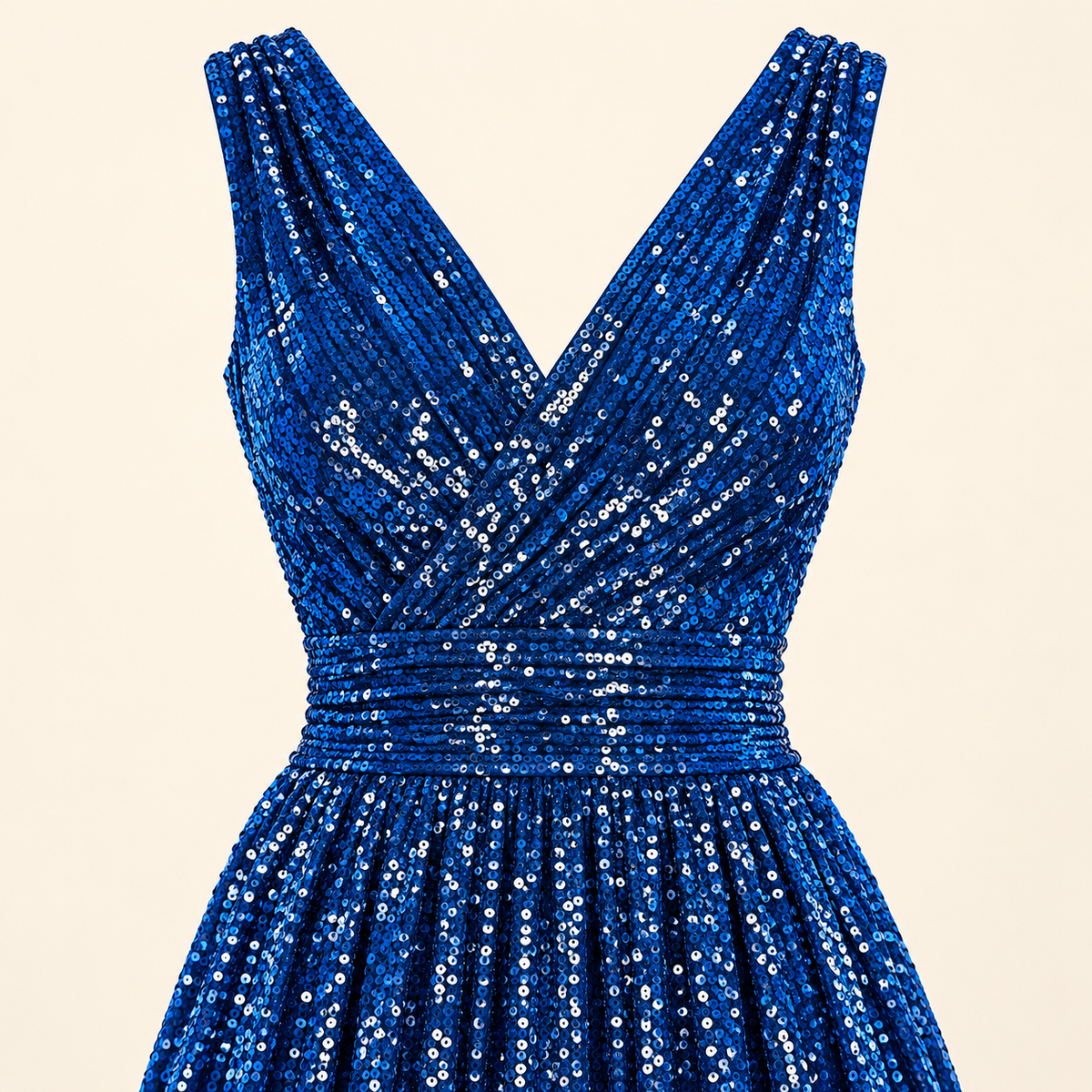 Garment-only front detail of the royal blue MX340 gown showing its crossover V-neck and diagonal bodice folds.