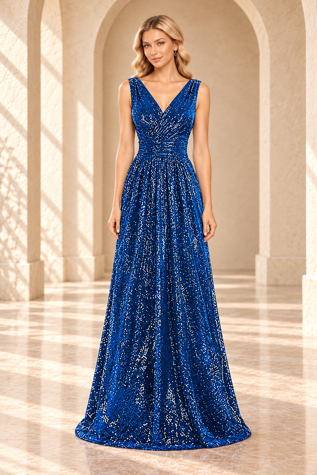 Front view of a royal blue sequin evening gown with a crossover V-neck, ruched waist, and floor-length A-line skirt.