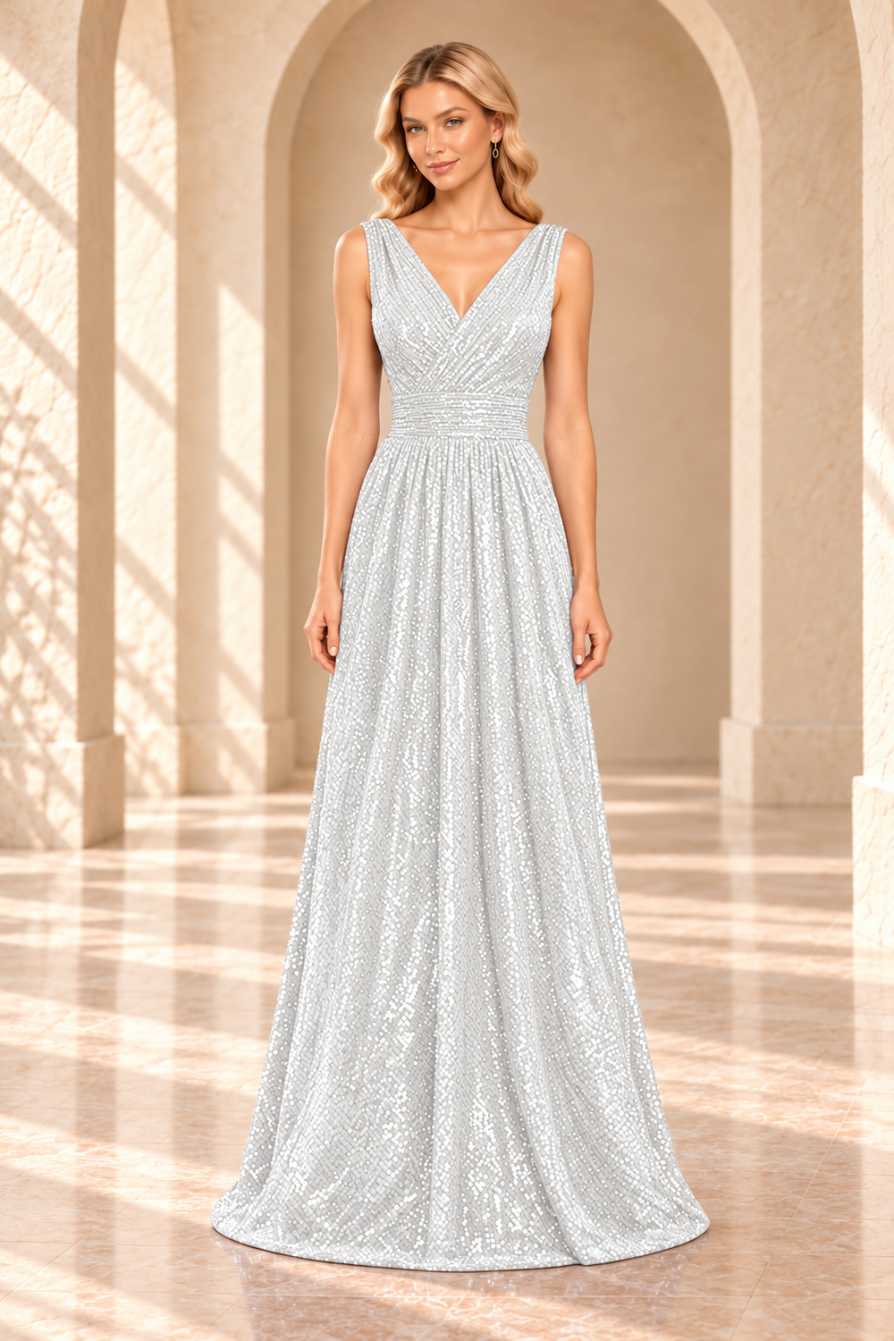 V-Neck Sequin A-Line Evening Gown with Ruched Waist