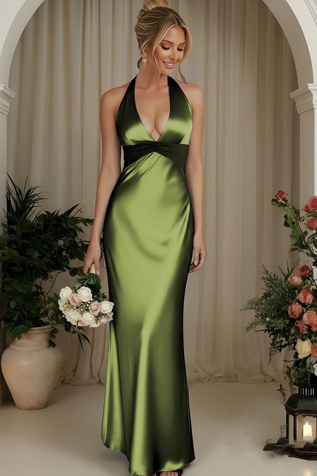 Front view of the Olive Green halter V-neck evening gown with a crossed ruched waist and softly flared column skirt.