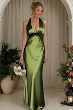 Front view of the Olive Green halter V-neck evening gown with a crossed ruched waist and softly flared column skirt.
