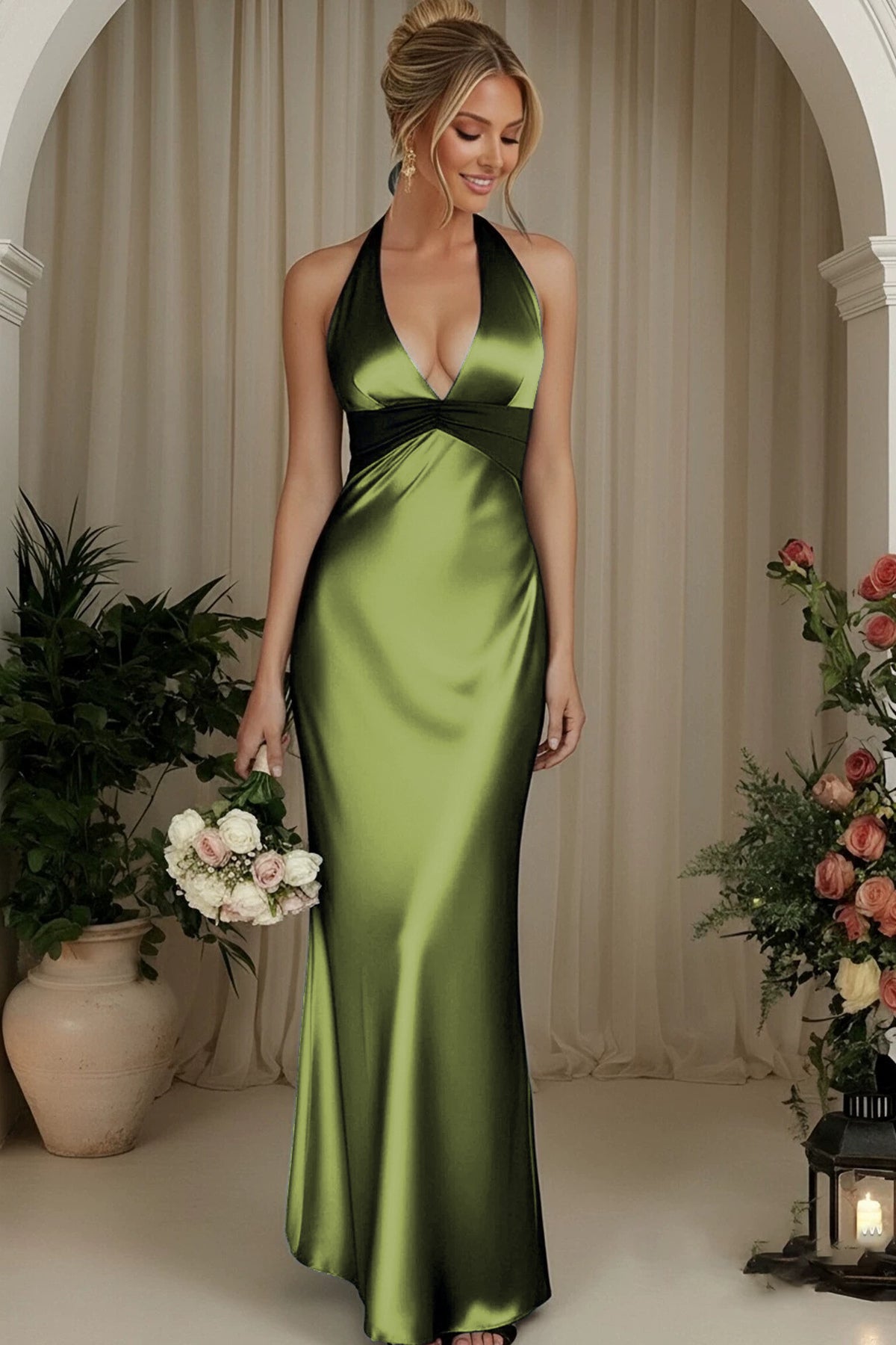 Front view of the Olive Green halter V-neck evening gown with a crossed ruched waist and softly flared column skirt.