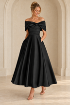 Black off-shoulder midi dress with a ruched bodice and full A-line skirt, front view