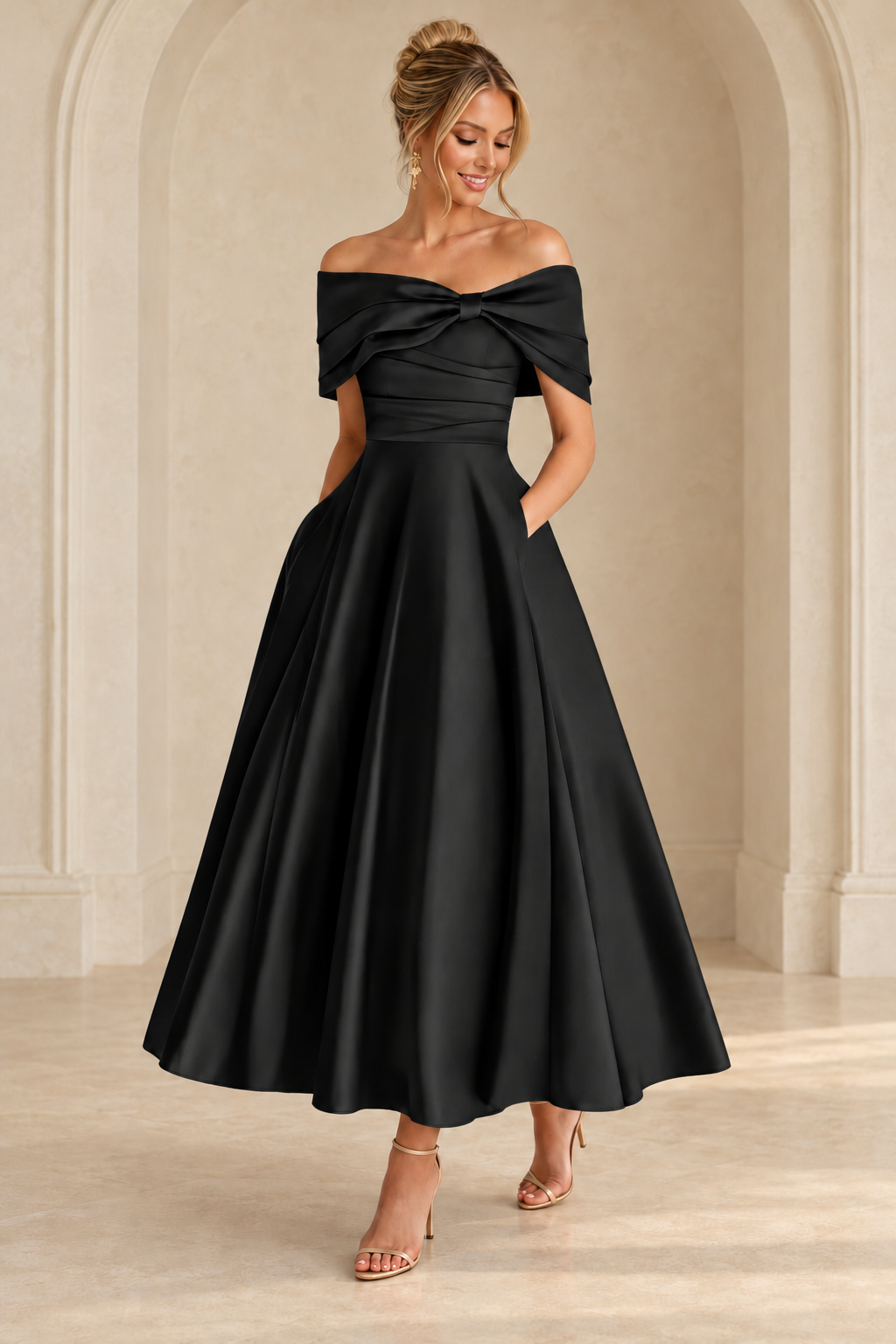 Black off-shoulder midi dress with a ruched bodice and full A-line skirt, front view