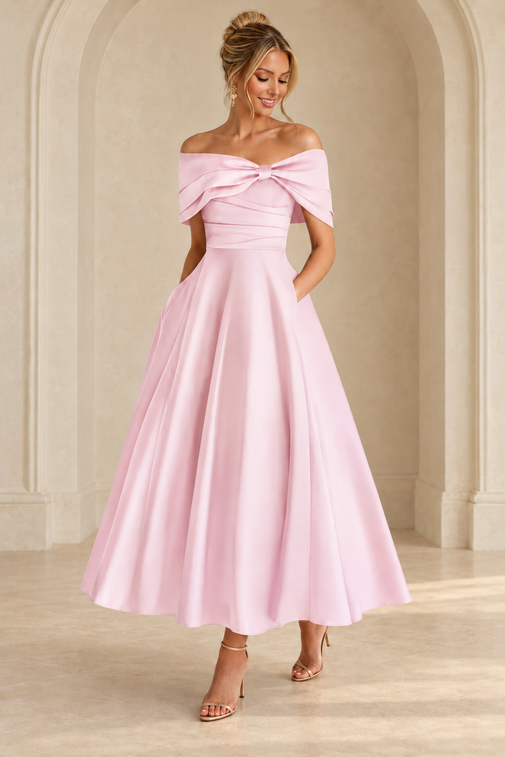Blush Pink off-shoulder midi dress with a ruched bodice and full A-line skirt, front view