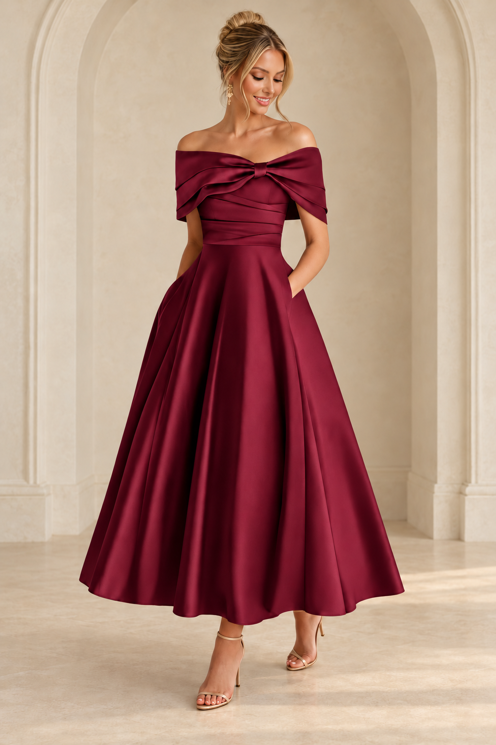 Burgundy off-shoulder midi dress with a ruched bodice and full A-line skirt, front view