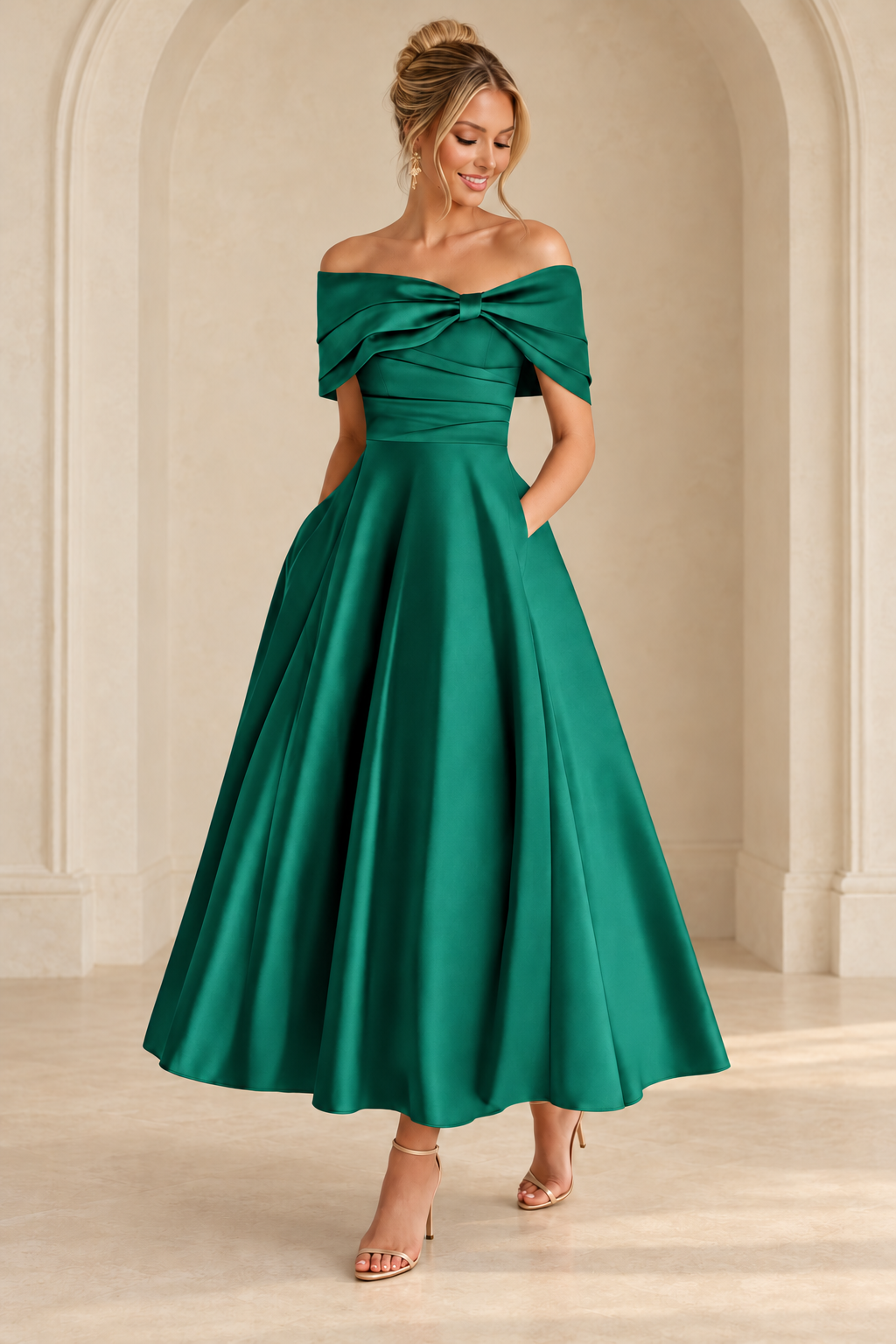 Emerald Green off-shoulder midi dress with a ruched bodice and full A-line skirt, front view