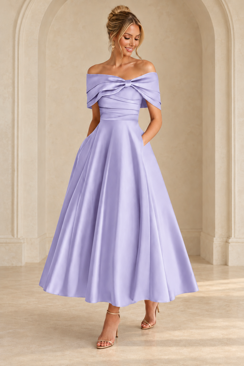 Lavender off-shoulder midi dress with a ruched bodice and full A-line skirt, front view