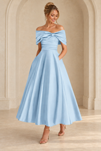 Light Blue off-shoulder midi dress with a ruched bodice and full A-line skirt, front view