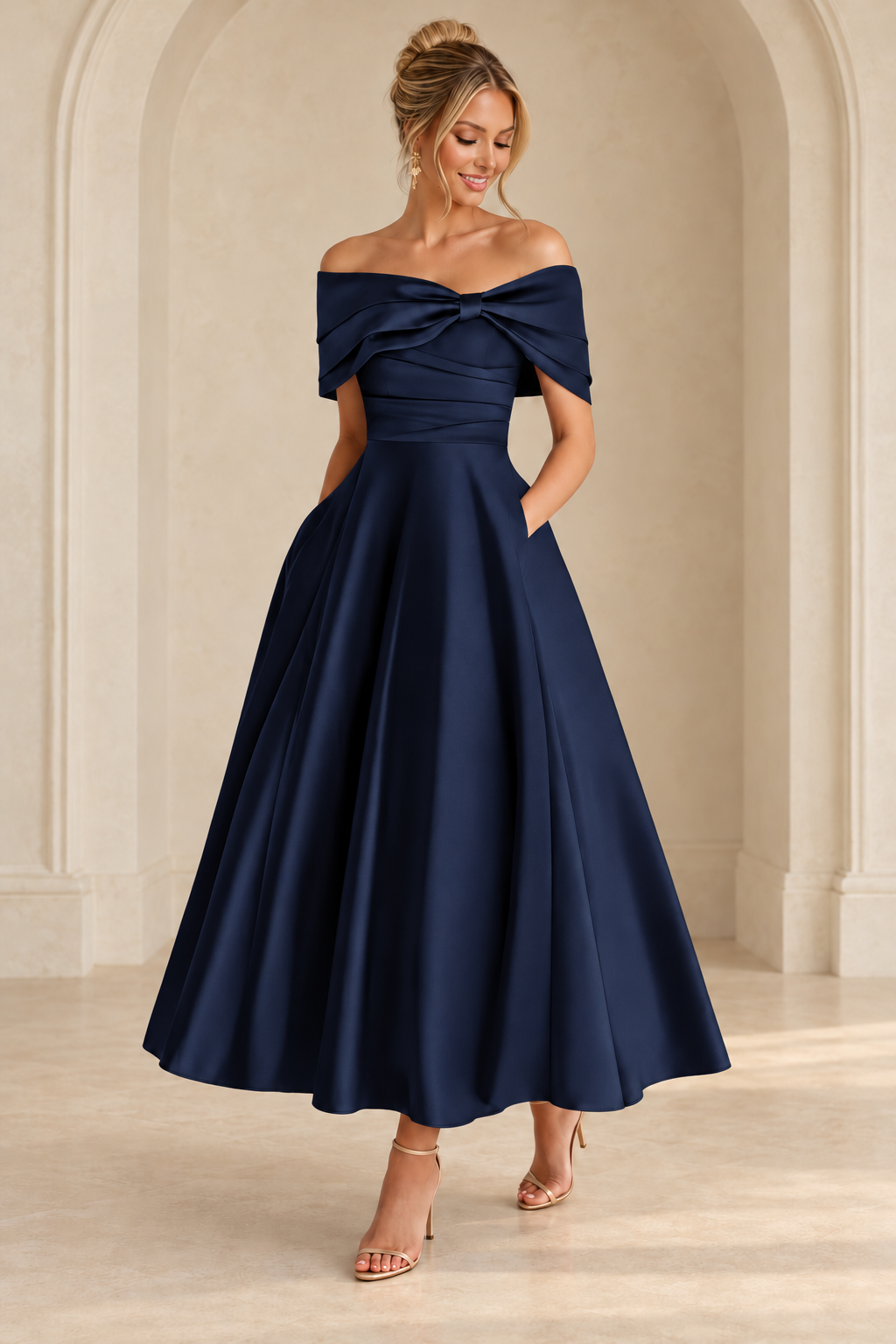 Navy Blue off-shoulder midi dress with a ruched bodice and full A-line skirt, front view