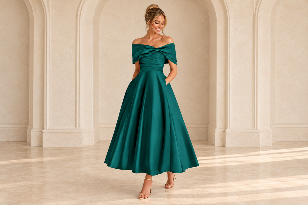 Model wearing a peacock green off-shoulder ruched A-line midi dress in an ivory stone archway