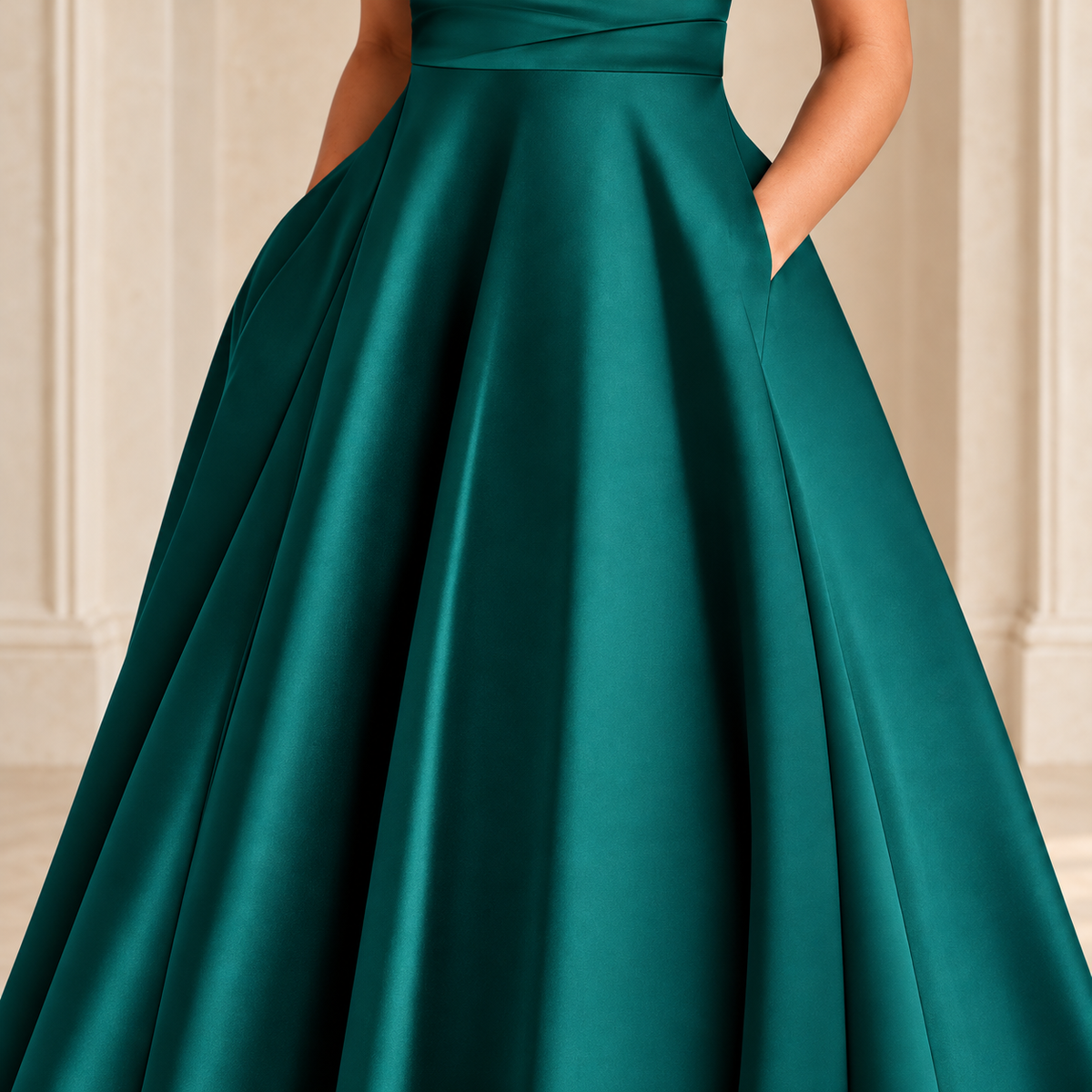 Peacock green midi dress skirt detail showing fabric sheen and broad folds
