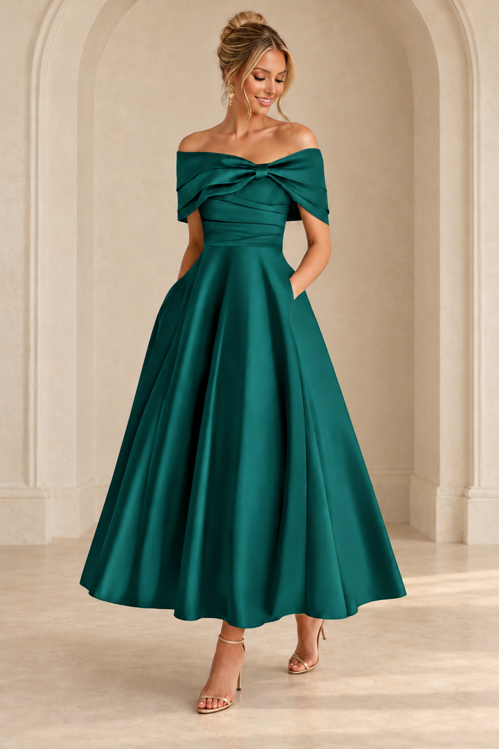 Peacock Green off-shoulder midi dress with a ruched bodice and full A-line skirt, front view