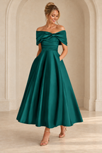 Peacock Green off-shoulder midi dress with a ruched bodice and full A-line skirt, front view