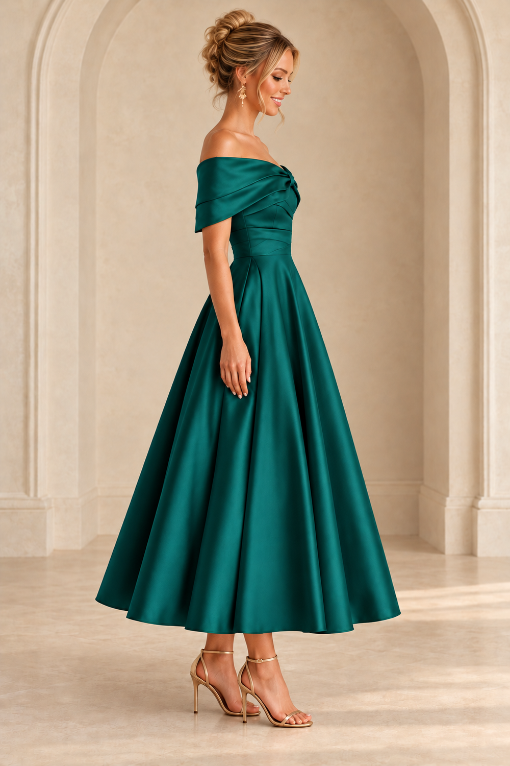 Off-Shoulder Ruched A-Line Midi Dress