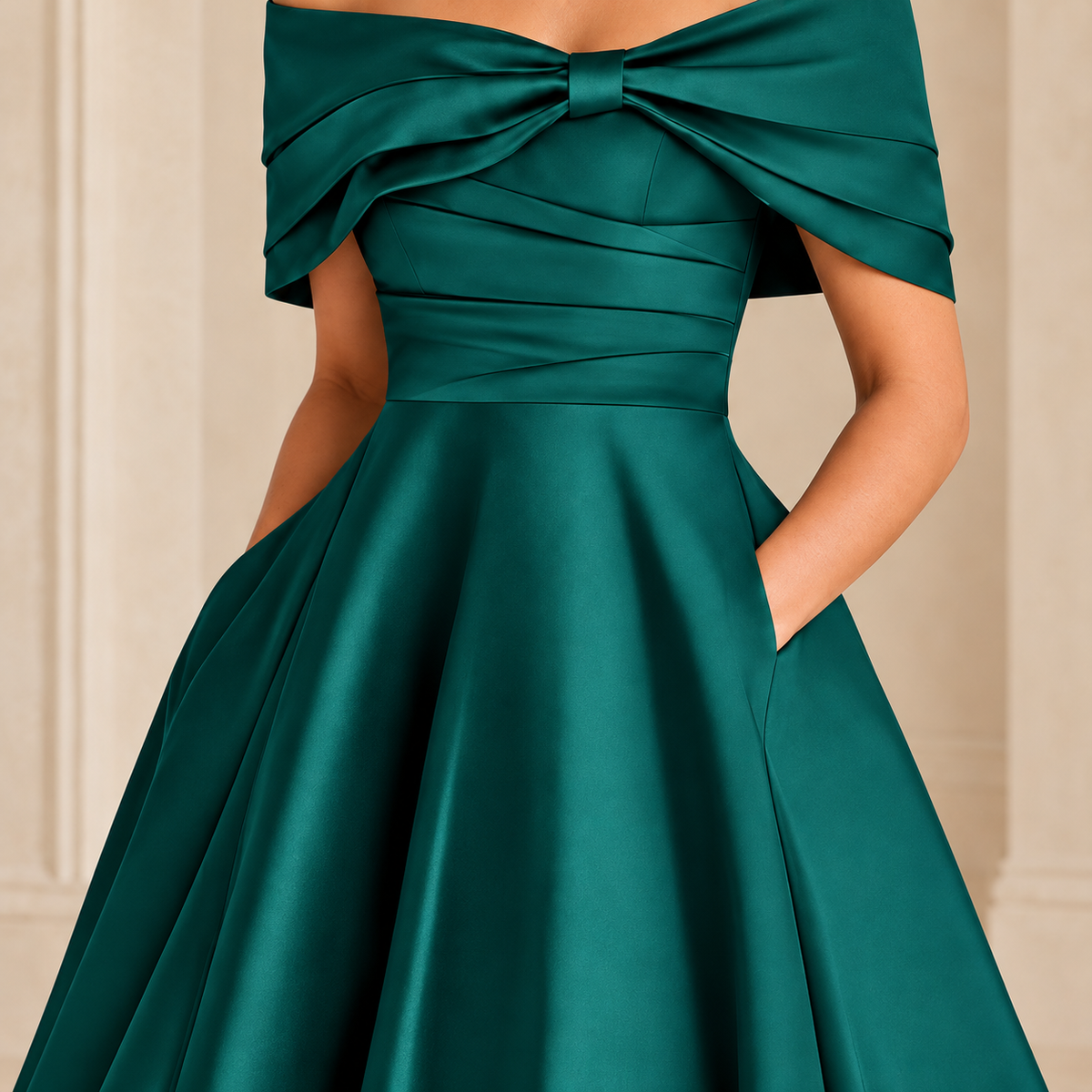 Peacock green dress detail showing the fitted waist seam and side pocket