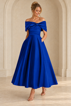 Royal Blue off-shoulder midi dress with a ruched bodice and full A-line skirt, front view