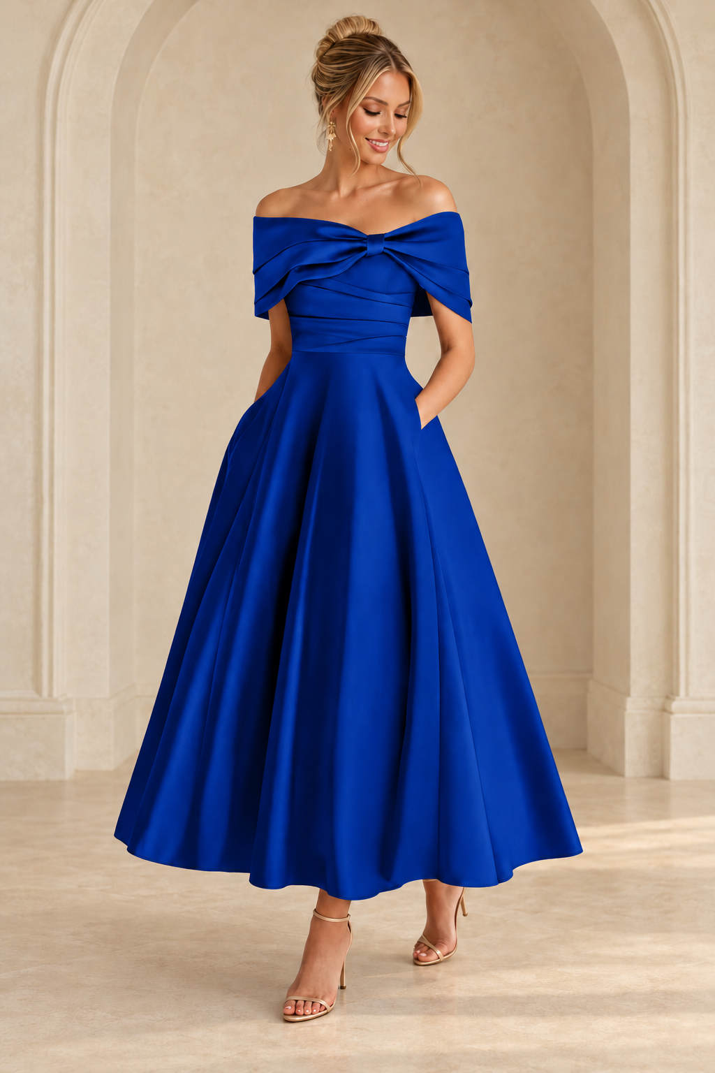 Royal Blue off-shoulder midi dress with a ruched bodice and full A-line skirt, front view