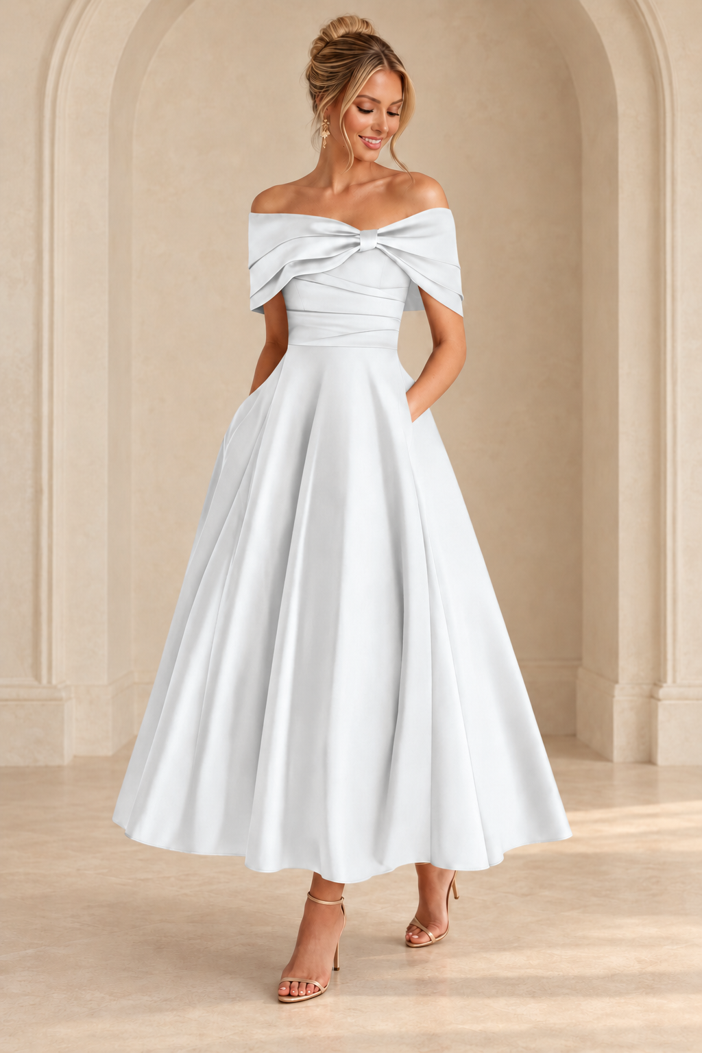 White off-shoulder midi dress with a ruched bodice and full A-line skirt, front view