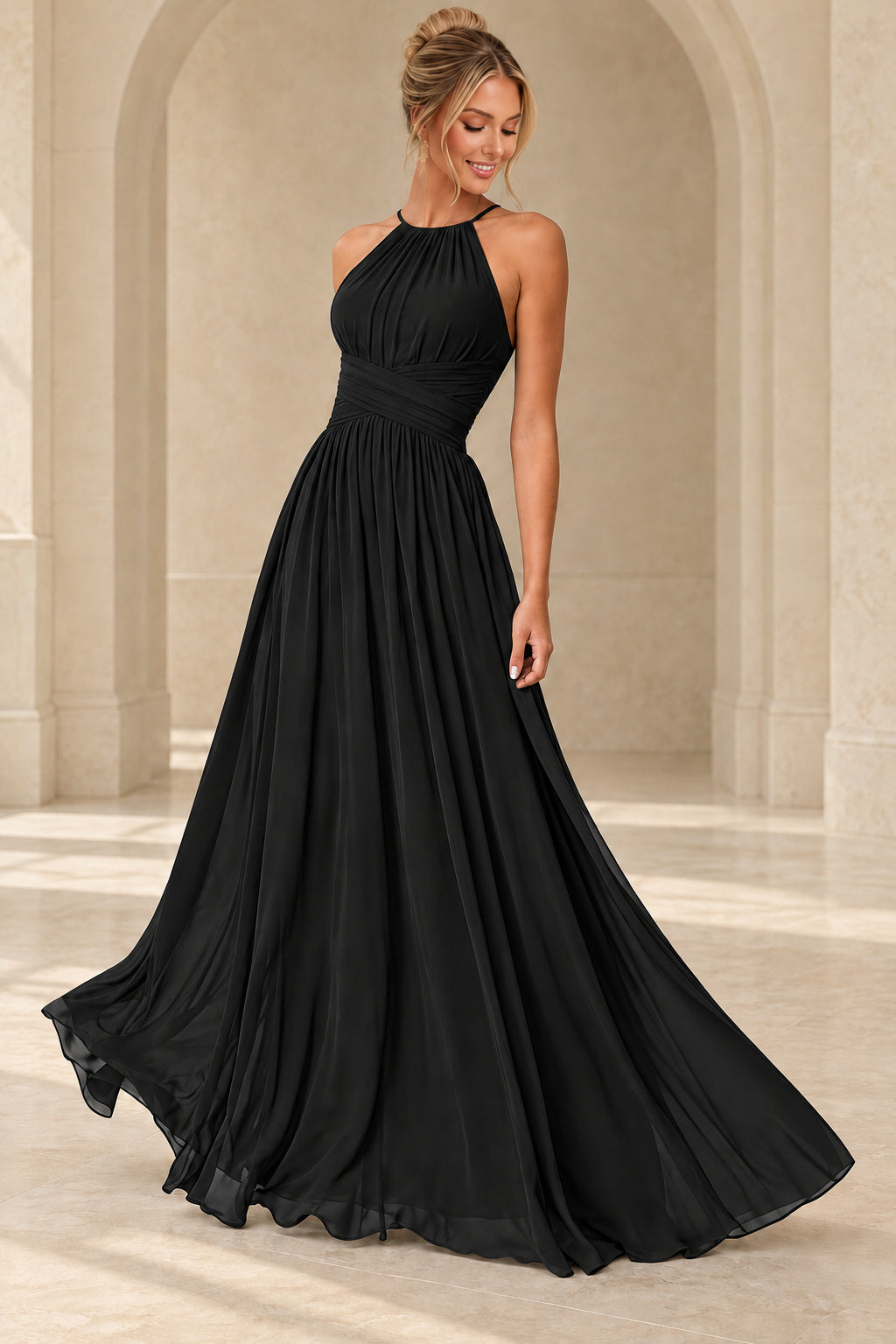Aururio Black halter neck ruched waist A-line evening gown, front view