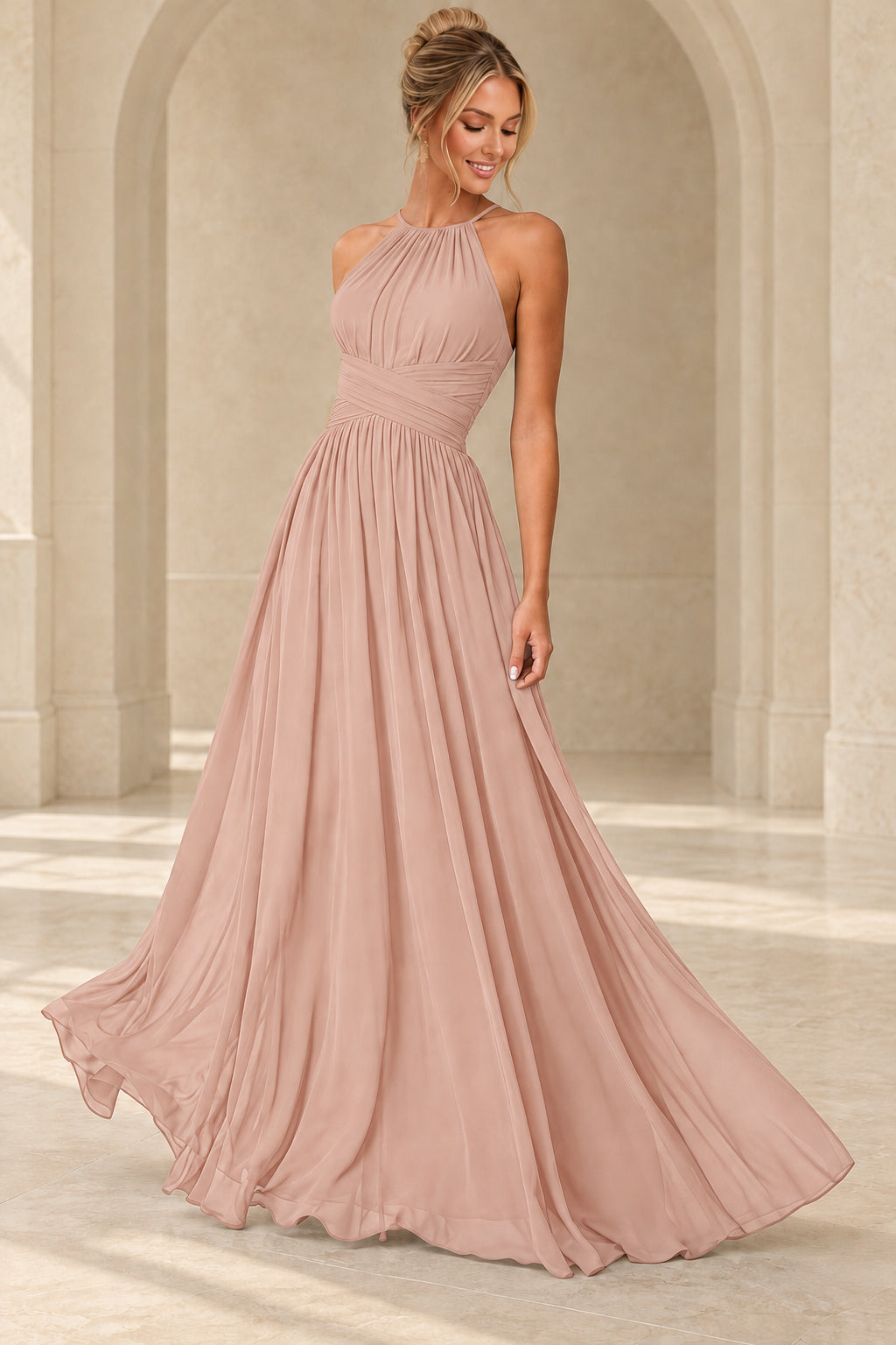 Aururio Blush Pink halter neck ruched waist A-line evening gown, front view