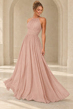 Aururio Blush Pink halter neck ruched waist A-line evening gown, front view