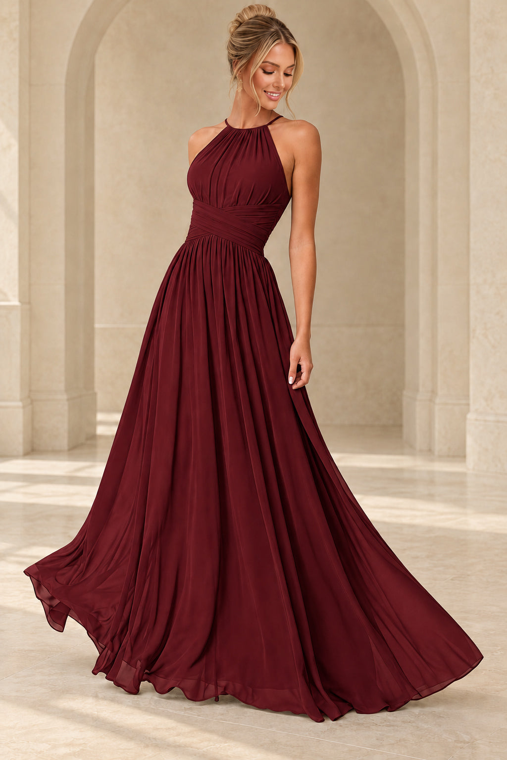 Aururio Burgundy halter neck ruched waist A-line evening gown, front view