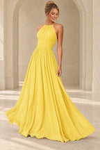 Aururio Butter Yellow halter neck ruched waist A-line evening gown, front view