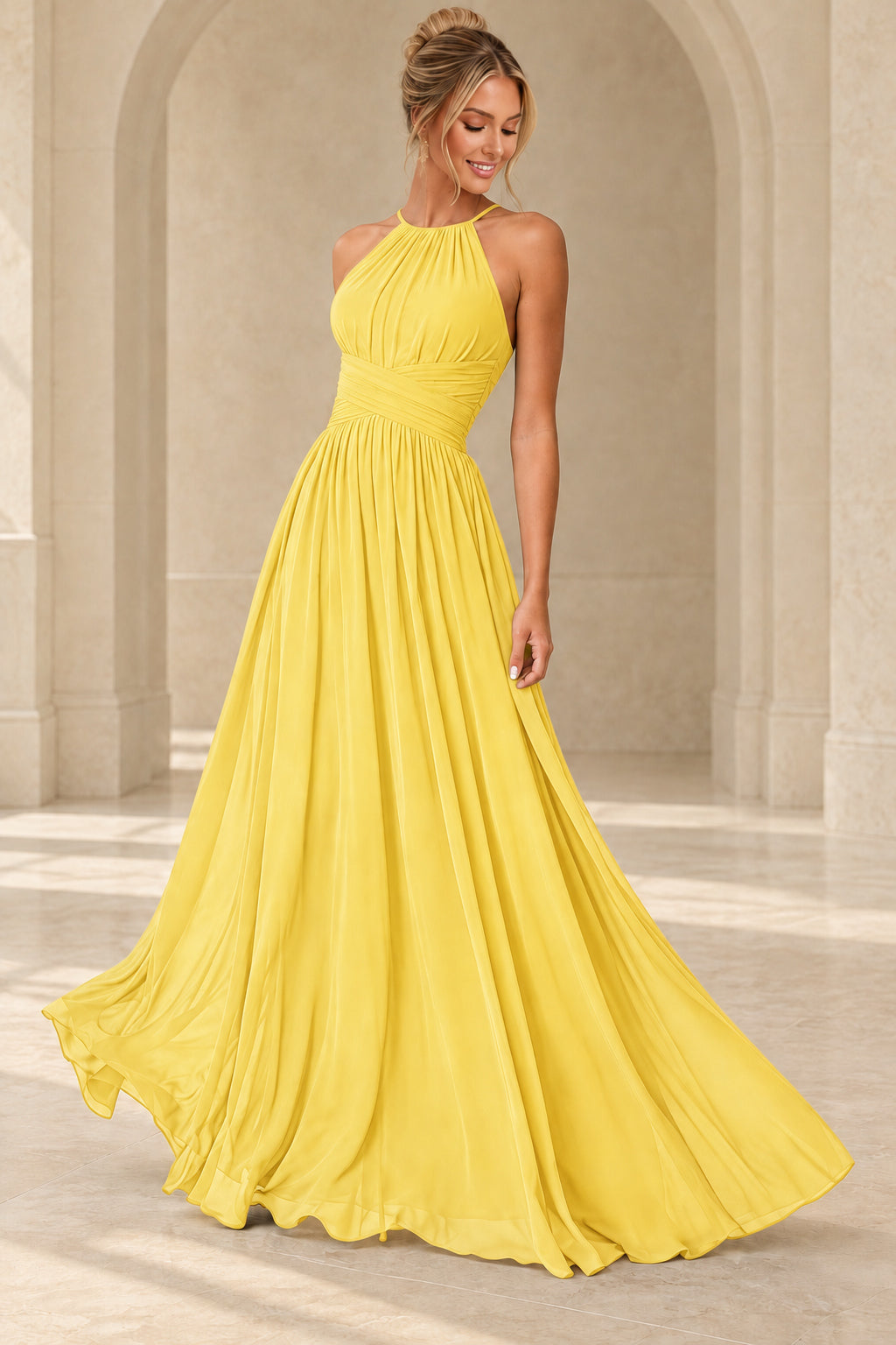 Aururio Butter Yellow halter neck ruched waist A-line evening gown, front view