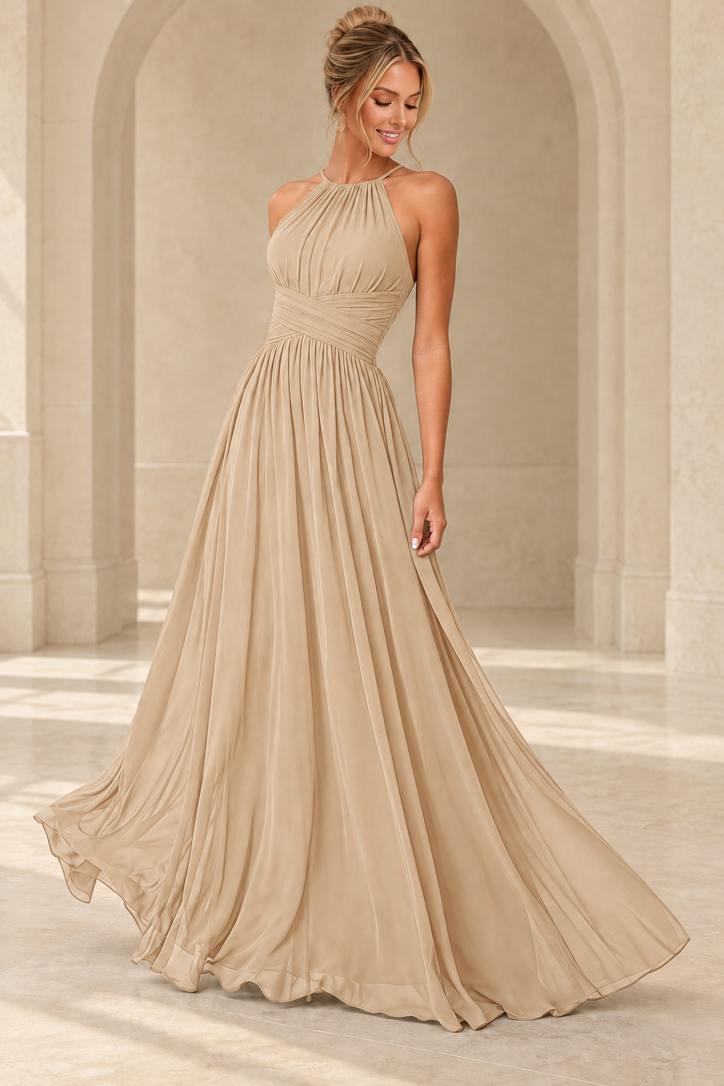 Aururio Champagne halter neck ruched waist A-line evening gown, front view