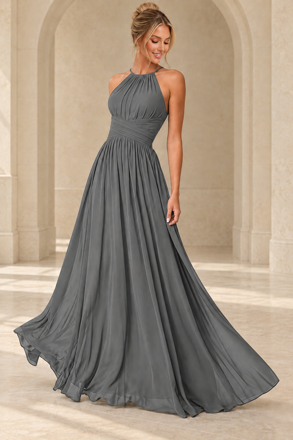 Aururio Charcoal Gray halter neck ruched waist A-line evening gown, front view
