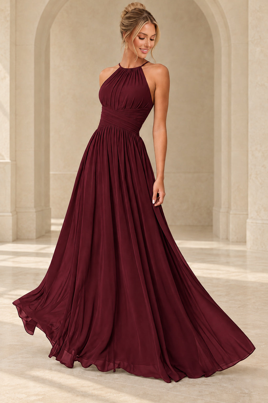 Aururio Dark Red halter neck ruched waist A-line evening gown, front view