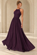 Aururio Deep Plum halter neck ruched waist A-line evening gown, front view