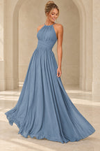 Aururio Dusty Blue halter neck ruched waist A-line evening gown, front view