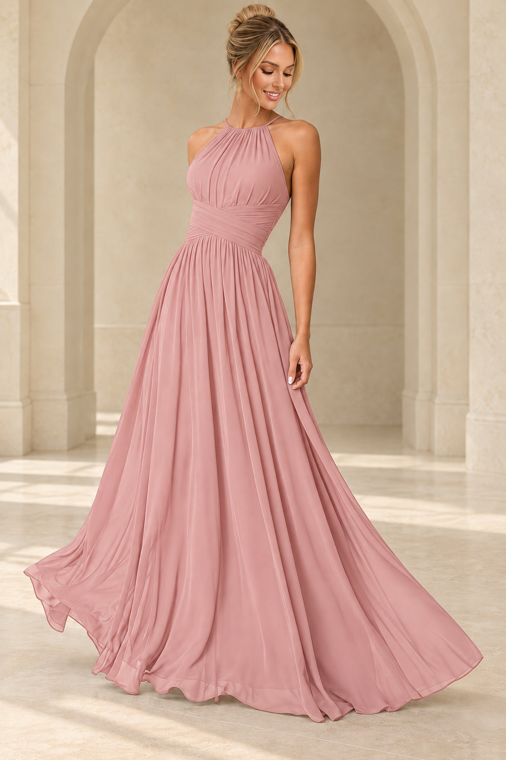 Aururio Dusty Rose halter neck ruched waist A-line evening gown, front view