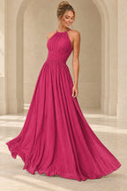 Aururio Hot Pink halter neck ruched waist A-line evening gown, front view