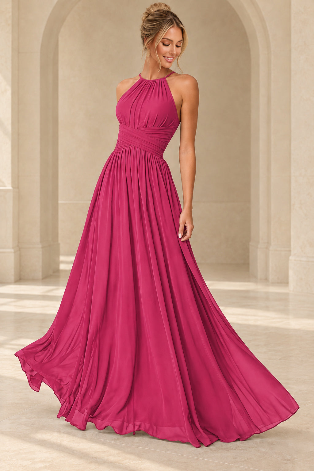 Aururio Hot Pink halter neck ruched waist A-line evening gown, front view