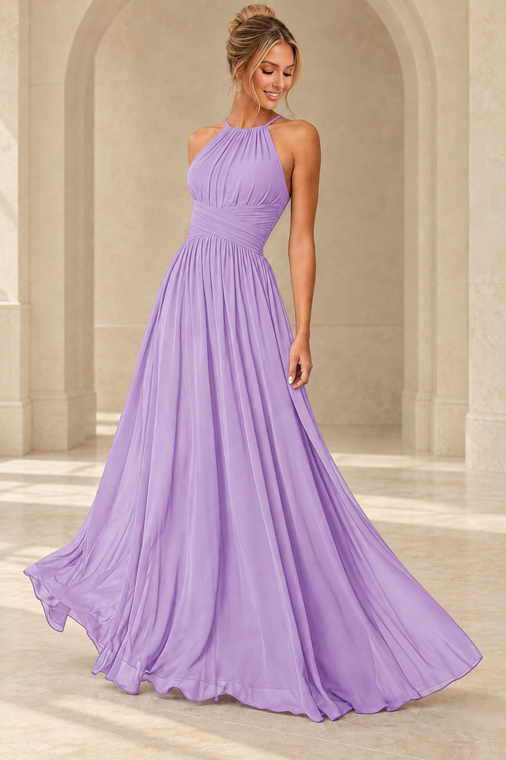 Aururio Lavender halter neck ruched waist A-line evening gown, front view