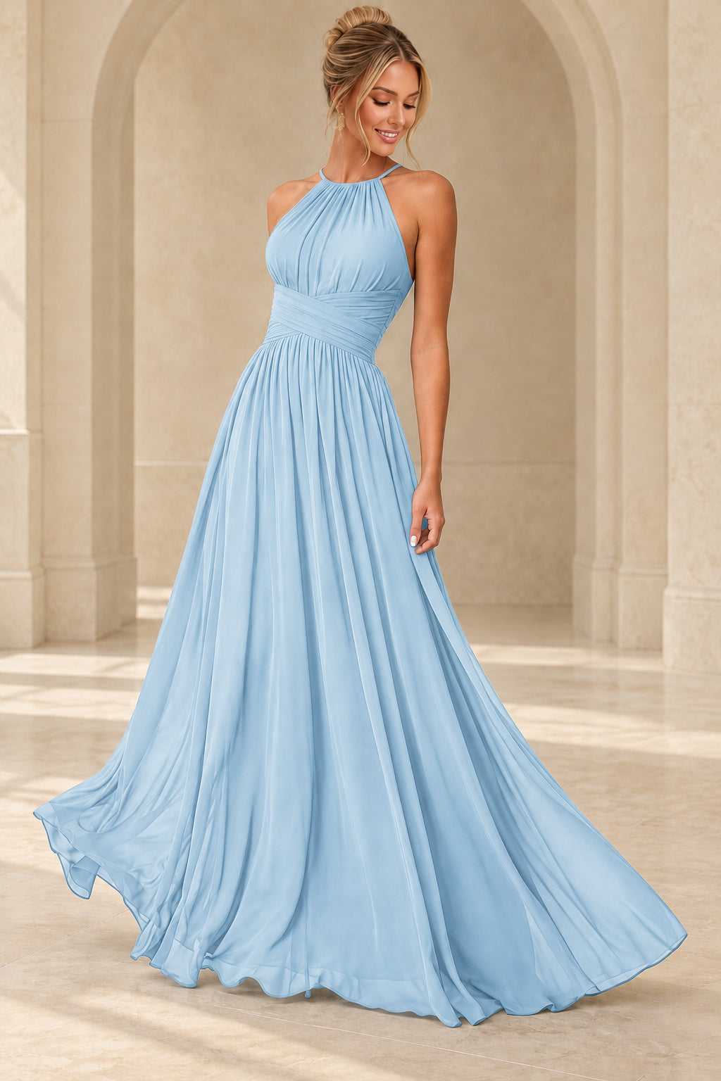 Aururio Light Blue halter neck ruched waist A-line evening gown, front view
