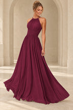 Aururio Magenta halter neck ruched waist A-line evening gown, front view