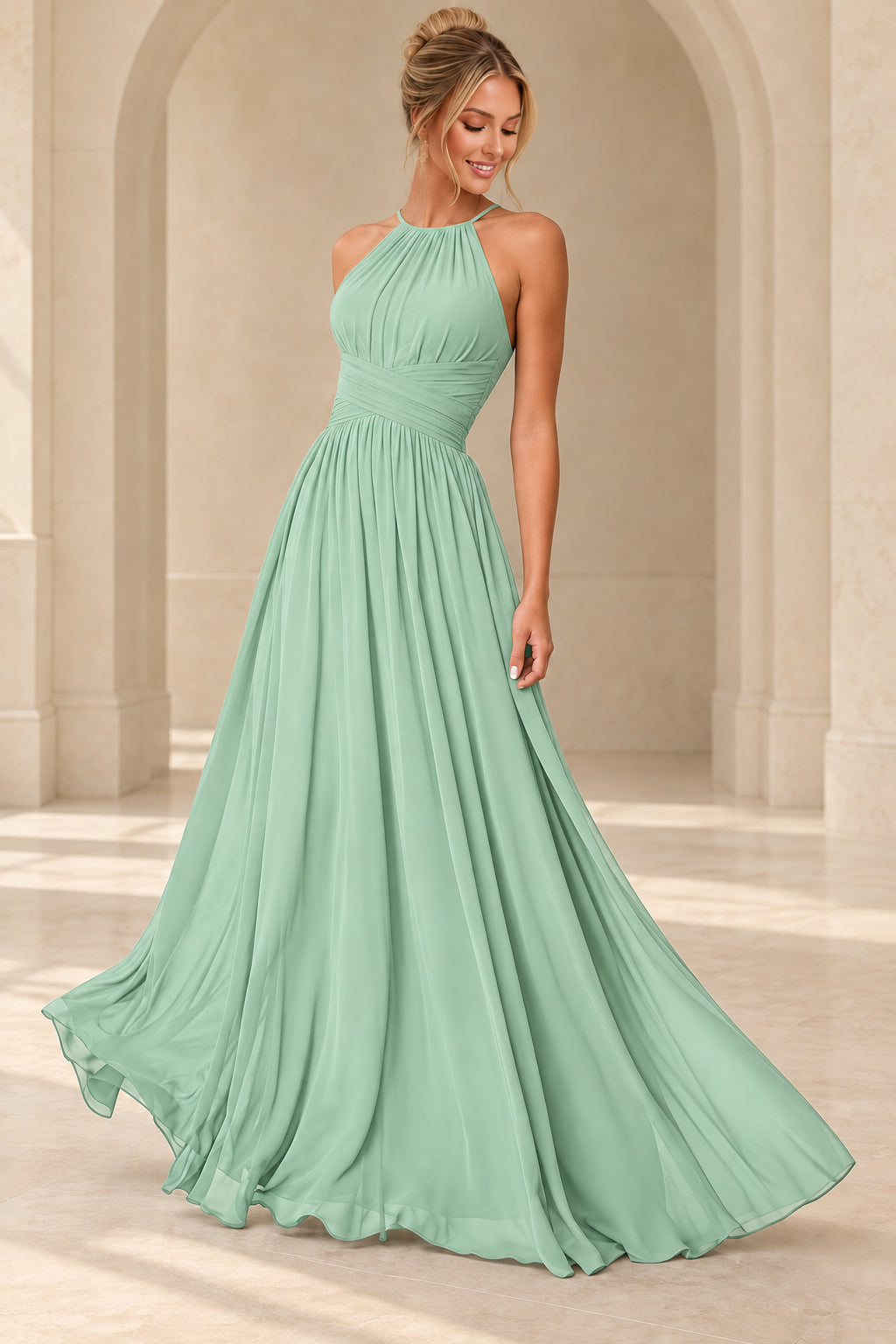 Aururio Mint Green halter neck ruched waist A-line evening gown, front view
