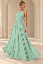 Aururio Mint Green halter neck ruched waist A-line evening gown, front view