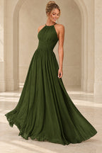 Aururio Olive Green halter neck ruched waist A-line evening gown, front view