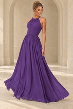 Aururio Purple halter neck ruched waist A-line evening gown, front view