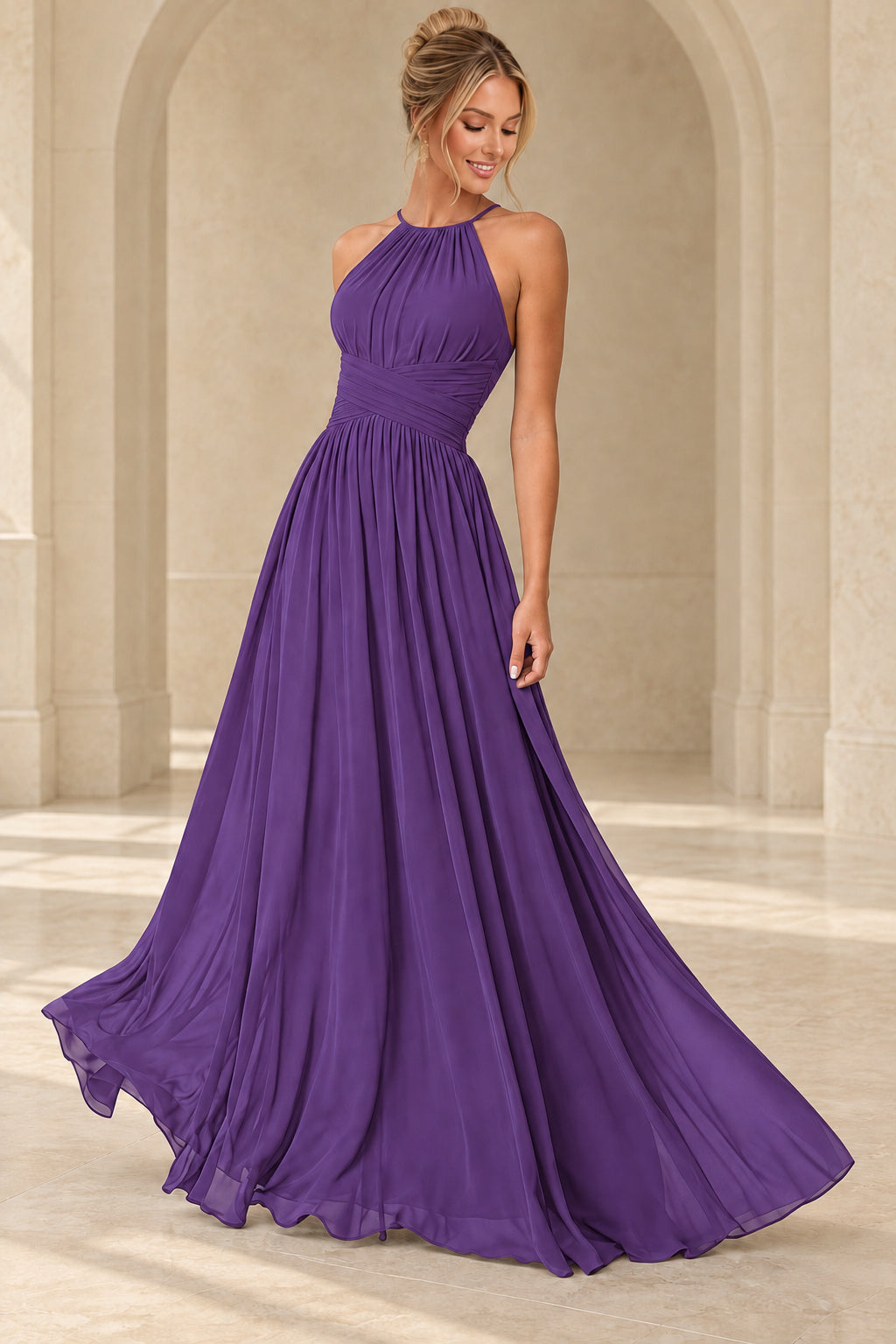 Aururio Purple halter neck ruched waist A-line evening gown, front view