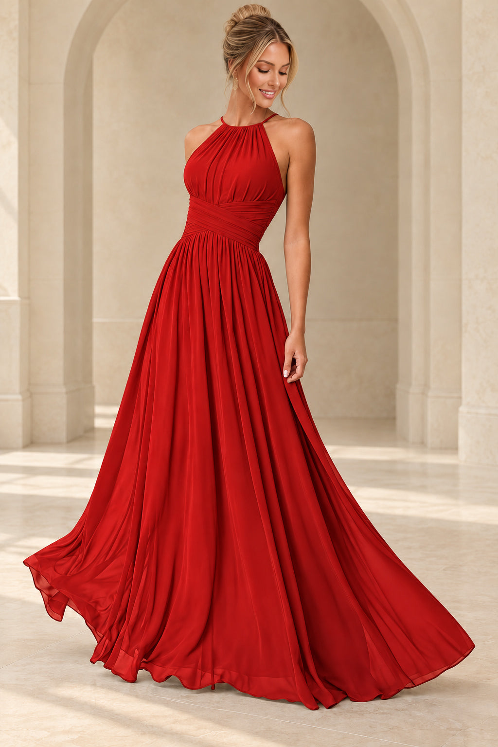 Aururio Red halter neck ruched waist A-line evening gown, front view
