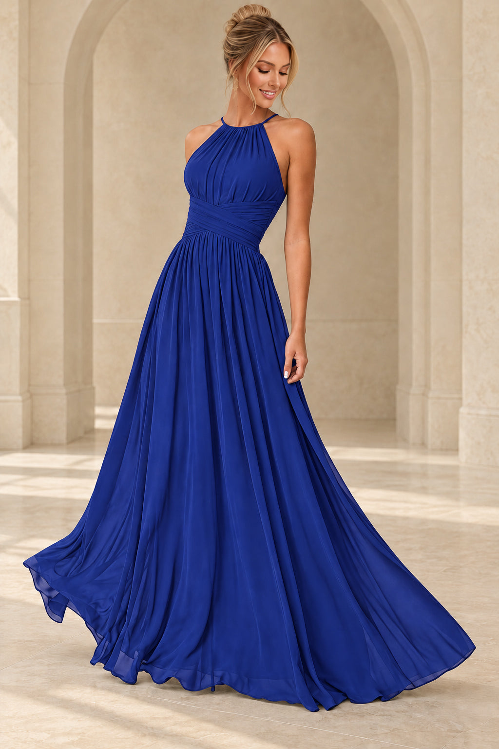 Aururio Royal Blue halter neck ruched waist A-line evening gown, front view