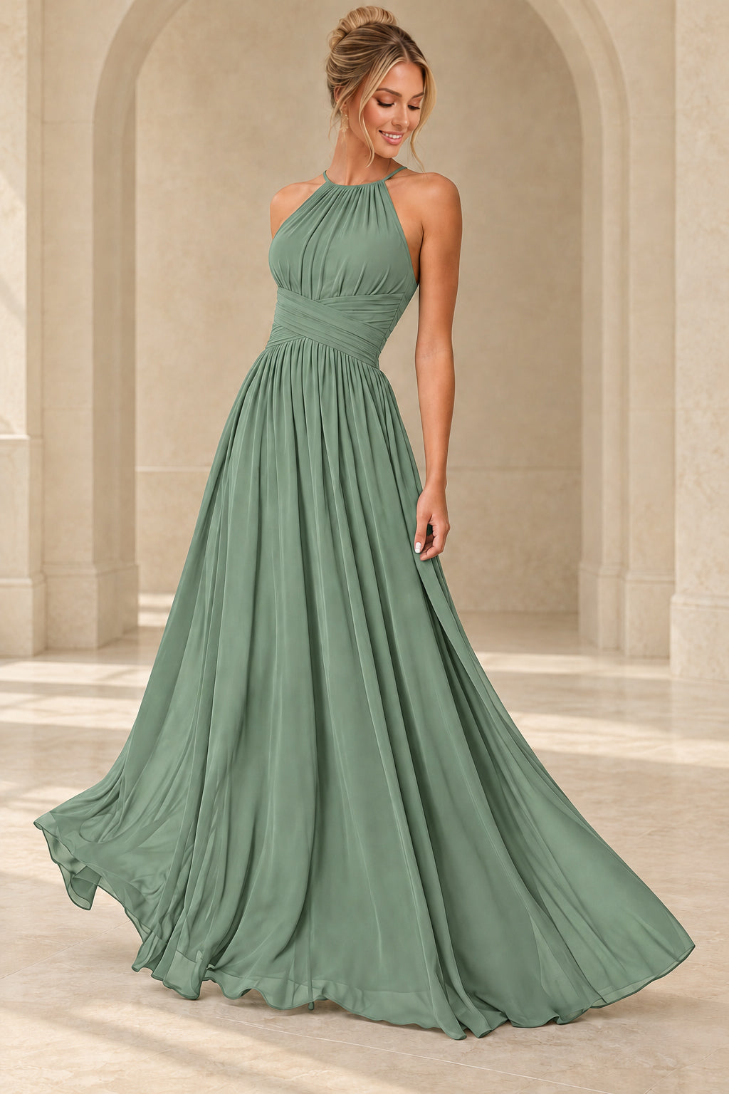 Aururio Sage Green halter neck ruched waist A-line evening gown, front view