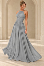 Aururio Silver halter neck ruched waist A-line evening gown, front view